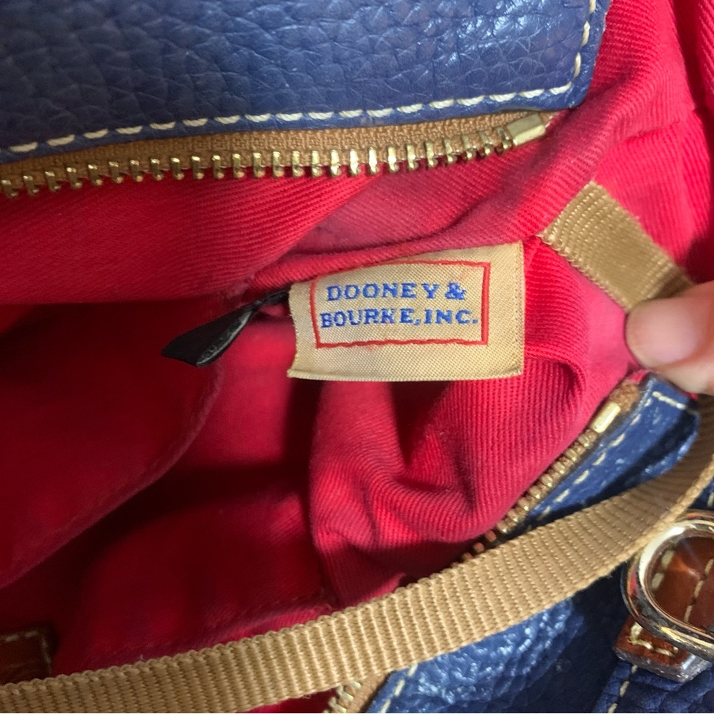 Vintage Dooney & Bourke 1990s Navy Tote Bag Pebble Leather Brown Trim Top Handle - Picture 6 of 16